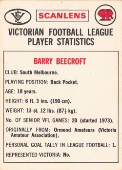 1974 Scanlens VFL #84 Barry Beecroft Back